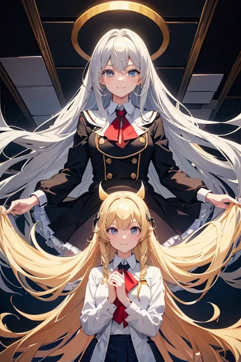 masterpiece, Best Quality, High resolution，Follow the prompts、Anime Style、In anime style、Follow the prompts、Two girls on the screen、Long silver hair and long blonde hair、School Uniform、smile、Hold both sides of the skirt and lift it up