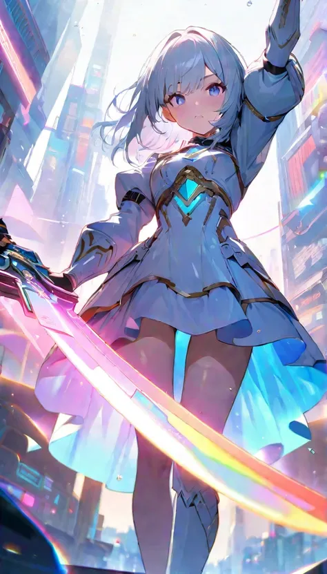 Create high quality images, Masterpiece quality image on a white background, She struck a cool pose、Featuring a cute anime girl with long white hair and armor, Attack with a high-tech sword、Multiple circular holographic swords, Each has countless complexit...