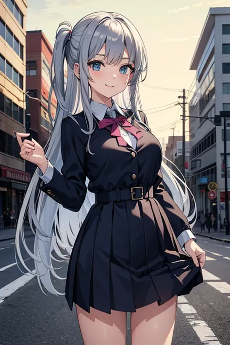 masterpiece, Best Quality, High resolution，Follow the prompts、Anime Style、In anime style、Follow the prompts、Girl、Long silver hair school uniform、smile、Hold both sides of the skirt and lift it up