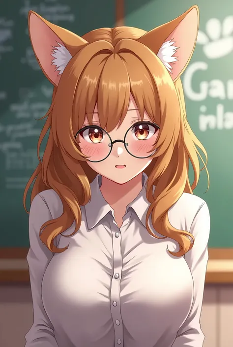 cute high school anime girl inspired by a corgi with older look, no chibi style, well-endowed, glasses, shy personality, elegant hair style, one ear flattened, flustered and embarassed expression