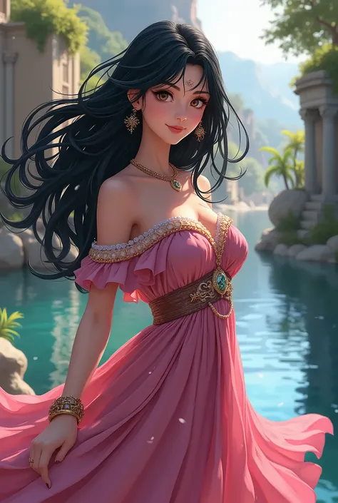 A princess of ancient Greece, black hair, looking passionately at a river, anime style, pink dress, sexy. 