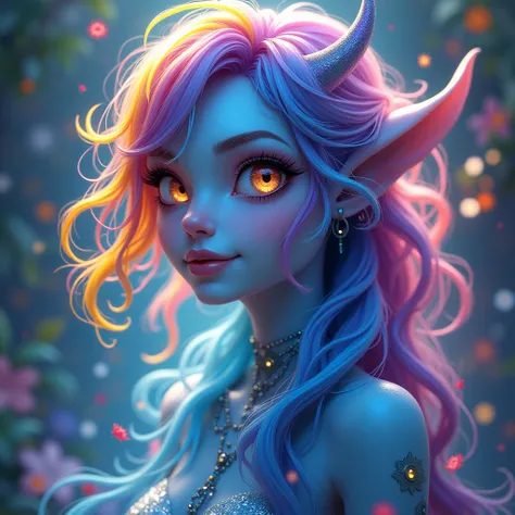 Highly detailed image of a female magical creature, blue-ish skin, humanoid, rainbow colored hair, bright colored eyes, amused expression, full body, colourful background, dynamic pose