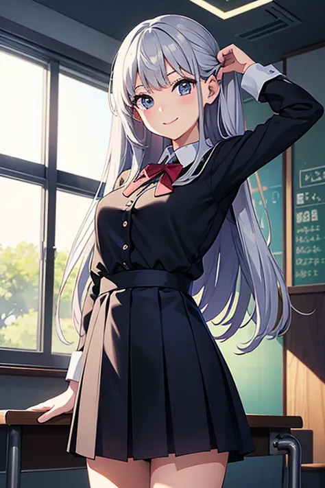 masterpiece, Best Quality, High resolution，Follow the prompts、Anime Style、In anime style、Follow the prompts、Girl、Long silver hair school uniform、smile、Hold both sides of the skirt and lift it up、School classroom