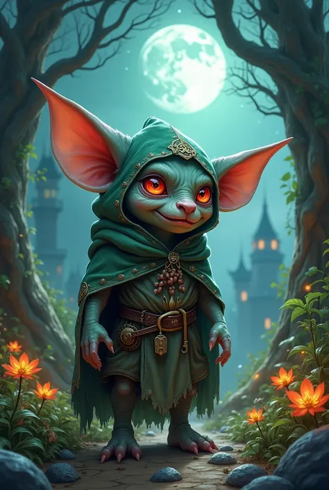 Epic fantasy artwork, adorable goblin creature, glimmering crimson-red eyes sparkling with mischief, cheeky smile  sharp teeth, clad in a tattered mystical cloak adorned with shimmering runes, intricately detailed, standing in a magical glade, moonlight fi...