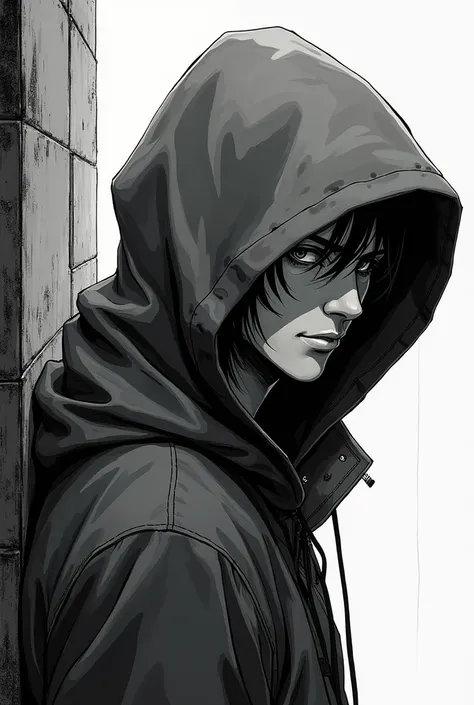 Monochrome manga art style, enigmatic man, face partially veiled by soft gray hoodie, raised collar hiding  features, captivating gaze peering from shadow, intricate line work capturing textures of fabric, dynamic shading emphasizing contours of head and s...