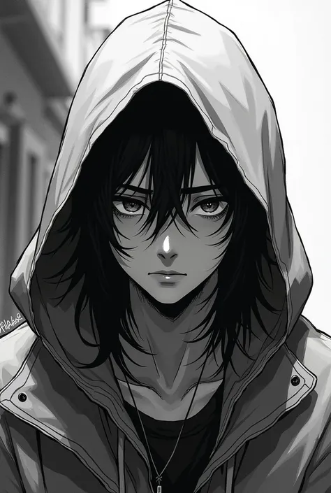 Monochrome manga art style, enigmatic man, face partially veiled by soft gray hoodie, raised collar hiding  features, captivating gaze peering from shadow, intricate line work capturing textures of fabric, dynamic shading emphasizing contours of head and s...