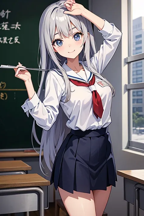 masterpiece, Best Quality, High resolution，Follow the prompts、Anime Style、In anime style、Follow the prompts、Girl、Long silver hair school uniform、smile、Hold both ends of the skirt and lift it up、School classroom