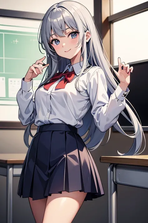 masterpiece, Best Quality, High resolution，Follow the prompts、Anime Style、In anime style、Follow the prompts、Girl、Long silver hair school uniform、smile、Hold both ends of the skirt and lift it up、School classroom