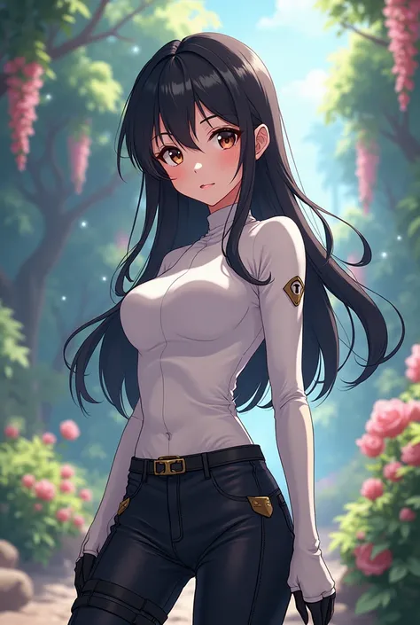 Anime art style, stunning masterpiece, best quality, expressive brown eyes filled with determination, perfect symmetrical face framed by silky black hair cascading down her shoulders, wearing a snug fitted long-sleeve top in soft light white fabric, contra...