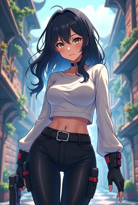 Anime art style, stunning masterpiece, best quality, expressive brown eyes filled with determination, perfect symmetrical face framed by silky black hair cascading down her shoulders, wearing a snug fitted long-sleeve top in soft light white fabric, contra...