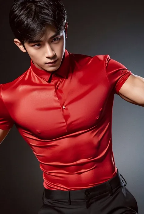 Hot, handsome, muscular, young man in red silk shirt which is unbuttoned showcases his broad chest and sculpted abs, black pants, black background,