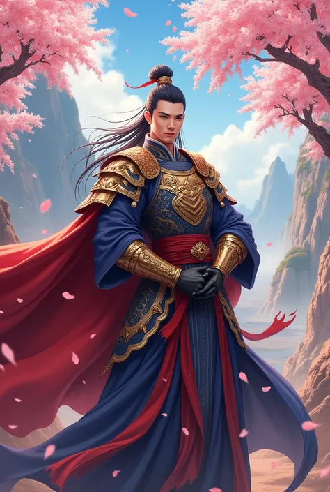 Anime-style artwork of Han Xin, legendary military strategist, standing confidently, regal attire depicting the essence of ancient Chinese generals, elaborate armor intricately detailed with gold embellishments, flowing red and blue silks draping elegantly...