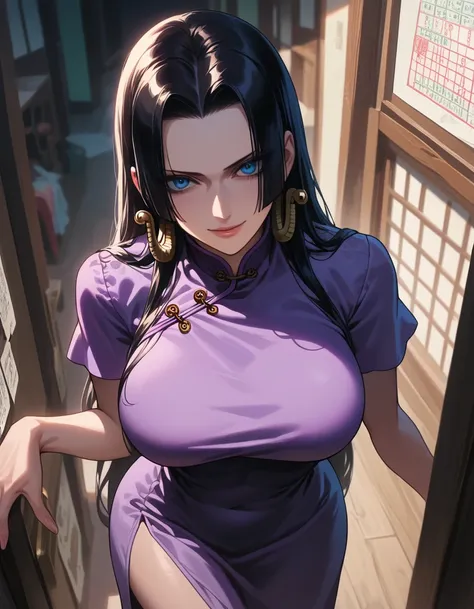 Scoring_8_above, Scoring_7_above, source_anime, best quality, Clean face, Boa Hancock, black hair, blue eyes, Long hair, , big breasts, Standing, looking at the viewer, Chinese dress, purple clothes, Interior, From above, smile, anime screencap