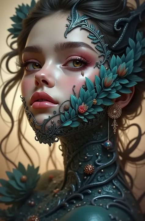 (official art, Beautiful and aesthetic:1.2), (1 girl:1.3),(fractal art:1.1),(showy:1.1)(flores:1.3),highest detailed,(tangled:1.2), full body, (abstract background:1.3), (shiny skin), (Many colors:1.4), ,(Earrings), (feathers:1.5),