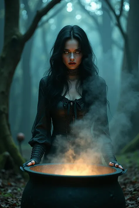 Soft Lighting Photography,  (((ohwx woman))) Underneath the looming shadows of an ancient forest, a female human Witch (photorealistic:1.35) brews a potent spell. Her face, lit by the (mysterious, moonlit makeup:1.2), reflects her enigmatic power. She stir...