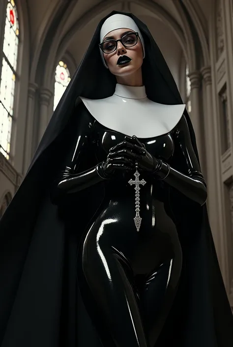 Woman, nun, shiny latex, black and white latex nun dress, black white latex connette, black latex cap, white vinyl stiletto heel, thin glasses, shiny black lips, severe evil face, seductive smirk, shiny silver rosary in hands. Gothic church background, ful...