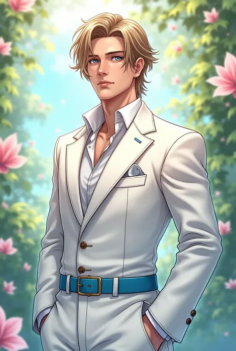 Anime-style man, dressed in a pristine white outfit, showcasing elegant tailoring with intricate folds and patterns, oversized white gloves that exude an exaggerated stylishness, strikingly defined features and confident stance, light brown hair with soft ...