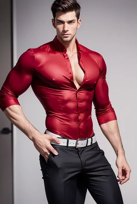 A tall, hot, handsome, muscular, young man in a red silk shirt which is open showcasing his broad chest and sculpted abs, black pants, white smooth skin, sexy gaze,