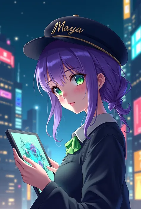 Captivating anime art style, enchanting woman named MAYA, striking violet hair cascading in waves, vivid green eyes sparkling with curiosity, holding a sleek, glowing tablet displaying vibrant imagery towards the viewer, delicate fingers gracefully framed,...