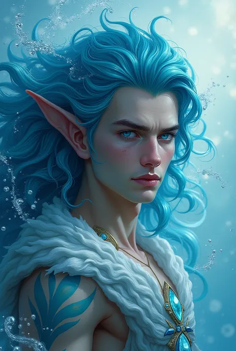 Epic fantasy art, magnificent male water genasi face, extraordinary ocean-blue eyes shimmering with the essence of deep waters, cascading waves of aquamarine hair flowing like a tranquil river, intricate tribal markings reflecting the luminous beauty of wa...