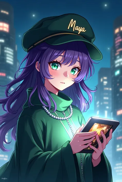 Captivating anime art style, enchanting woman named MAYA, striking violet hair cascading in waves, vivid green eyes sparkling with curiosity, holding a sleek, glowing tablet displaying vibrant imagery towards the viewer, delicate fingers gracefully framed,...