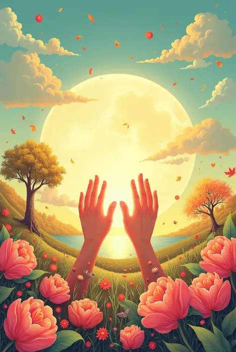 Album cover art, vibrant portrayal of lifes journey from inception to completion, tender  hands emerging amidst vibrant blooming flowers symbolizing new beginnings, delicate petals transitioning with shades of green, pink, and yellow, behind them, a progre...