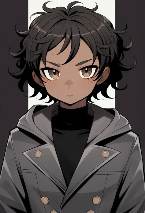 A 1 boy with (dark skin color:1.5) and brown eyes. He has short, curly, frizzy hair, styled in a voluminous style. His face is oval in shape, with a thick, flat nose, slightly thinner at the ends, and a large, flat mouth, but also a little thin. He is 1.85...