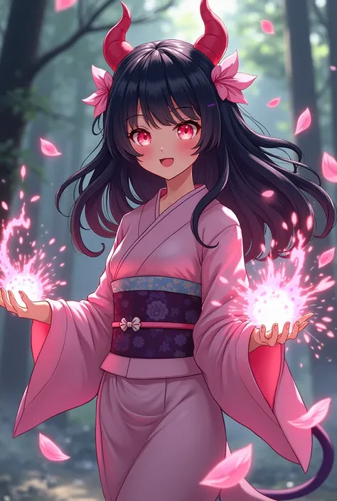 Nezuko Kamado, enchanting demon girl, vibrant dark ebony hair cascading in soft waves, large innocent eyes radiating a glowing pink hue, clad in a traditional pink kimono decorated with intricate floral patterns and grey haori draped elegantly, shy yet fie...