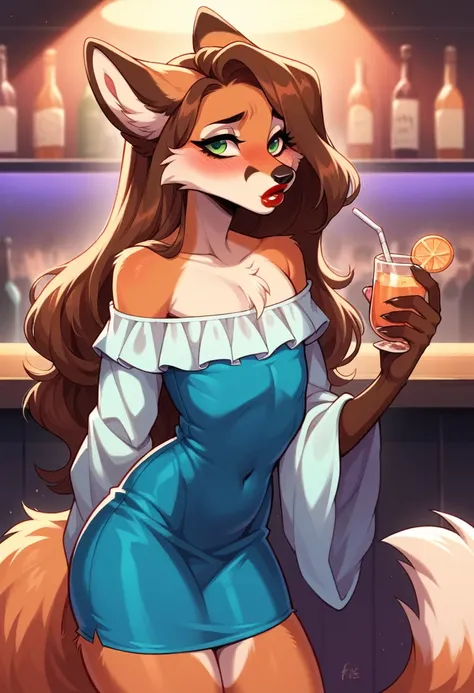 best quality, furry male fox with green eyes, with brown long hair, with a black spout, with red lipstick on her lips, big lips, in a blue mini dress with long sleeves, a femboy, crossdressing, shy, off-the-shoulder dress, flirts, at the bar counter, sexua...