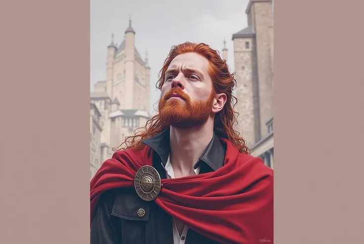 a 1 redheaded rebellious impulsive man, wanting to prove he is better than others with a look of superiority but not knowing how to deal with his feelings, medieval, 1 man, detailed facial features, portrait, intricate details, dramatic lighting, chiaroscu...