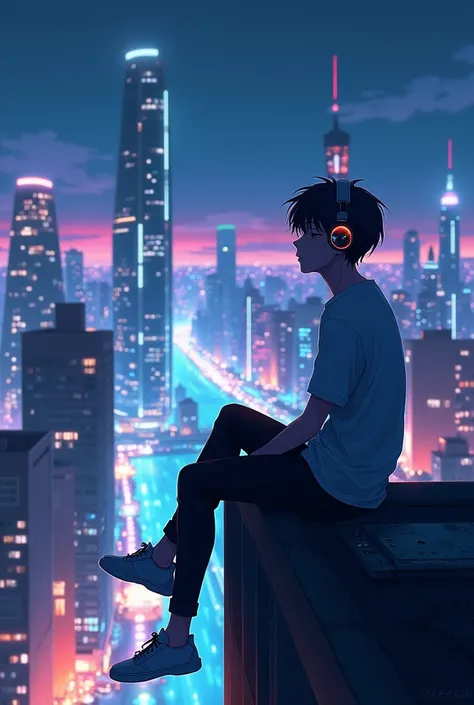 Draw a young man sitting on the edge of a building, listen to music on headphones, It&#39;s night time, the city in front of him illuminated by neon lights, use an anime style