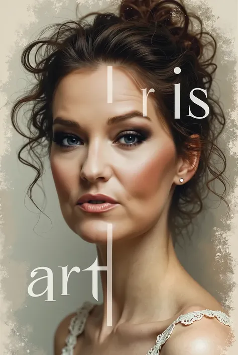 Text that says Art is, centered and with elegant letters with the image of actress Maya Mishalska in the background