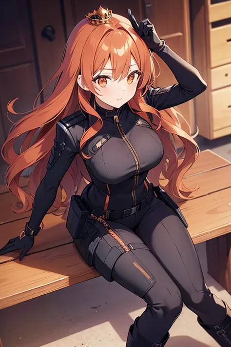 A beautiful woman with wavy orange hair who is dressed in a tight black suit that has a zipper in the front, that has an armored belt with compartments, a pair of black boots and is armed with 2 pistols and has a beauty queen crown on her head