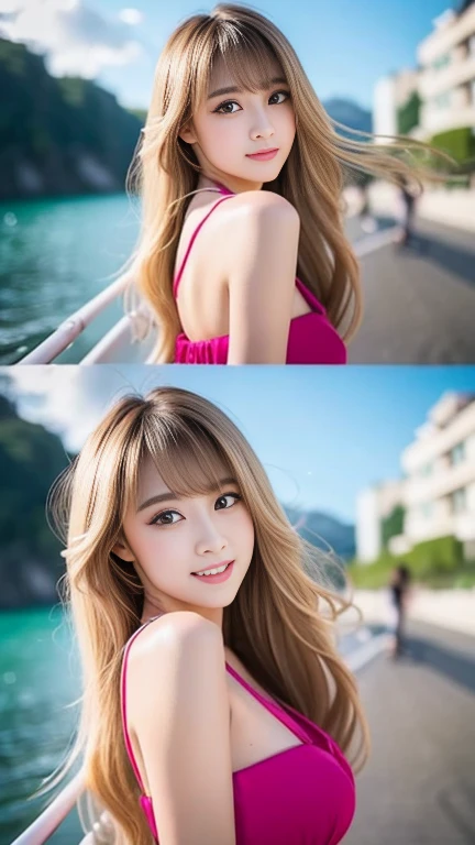 Sexy Big 、Two beautiful women with sexy and cute expressions, beautiful and sexy face、A strong wind blows my hair in front of my face、Shorten your blonde hair、beautiful, Cute and sexy eyes hidden behind long bangs、Colorful Dresses