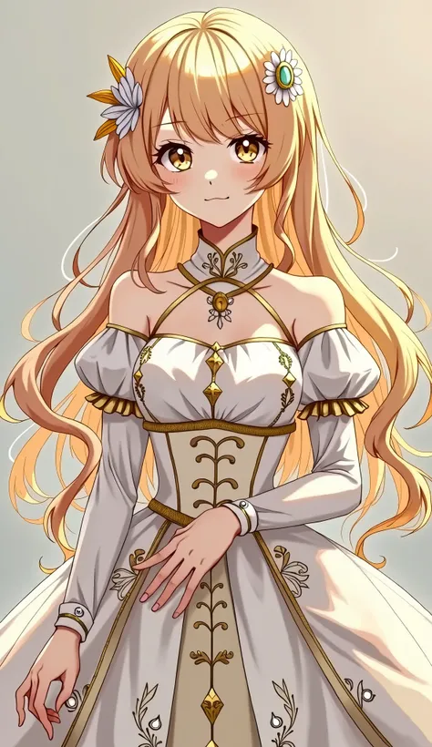 Brown eyed anime girl, long wavy honey brown hair. Wearing a pompous white and gold dress. full body.