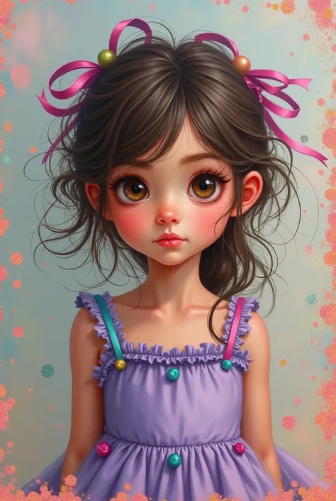 Realistic Oil paint splatters and mixed media, whimsical portrait of a messy sweet six-year-old girl wearing a lilac dress with pretty ribbons, colourful expressive eyes, dramatic lighting
