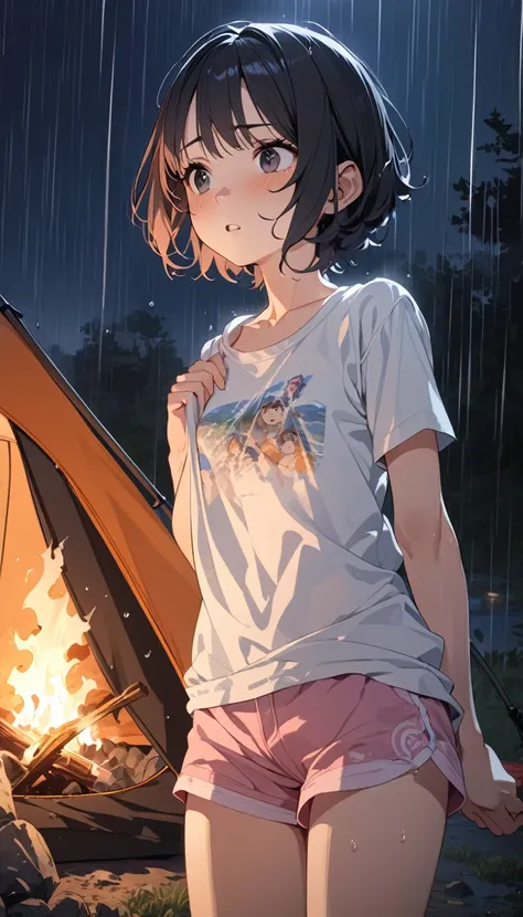 masterpiece, Best Quality, High resolution, Super detailed, Anime Style, Solo Camping, night, Cowboy Shot, One Woman, 20 years old, Cute Face, , Puzzled, Small breasts, Black short hair, break, Dark Eyes, break, White T-shirt,Underwear is visible,  break, ...