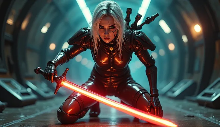 full body shot, panoramic view, ciri from witcher3 as terminator, white hair, green eyes, vertical scar throu left eye, dark makeup around eyes, futuristic cyberpunk sci-fi, half human half mechanical terminator, detailed facial features, holding a high-te...