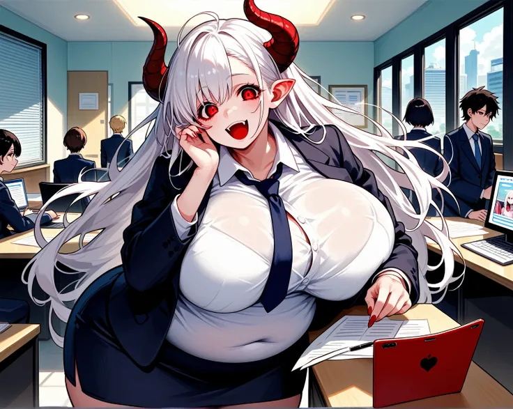 anime girl with horns and red eyes, demon girl, white hair, ssbbw, massive breasts, morbidly obese, massive belly, wide belly, extremely wide hips, wavy red hair, picture of demon girl, demon anime girl, mika kurai demon, horns and red eyes, gapmoe yandere...