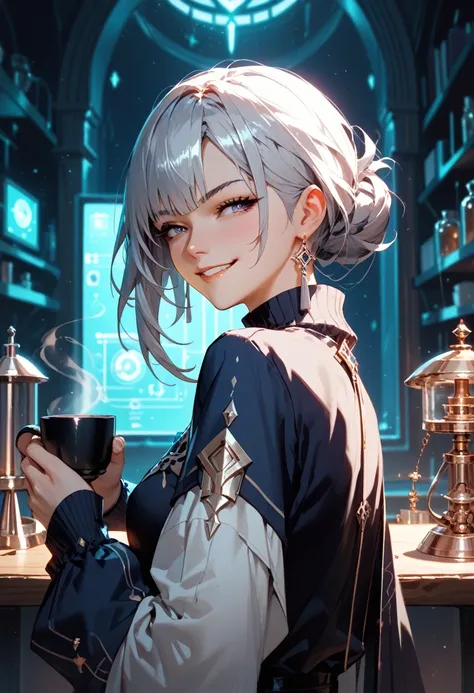 1girl,Alone, looking away, anime, from behind, smug ness, beautiful Hand, nsfw, silver Hair,  (Genshin Impact:0.8), (masterpiece, ultra_detailed), Ultimate_Quality, (Dark Laboratory), night, room, coffee, 