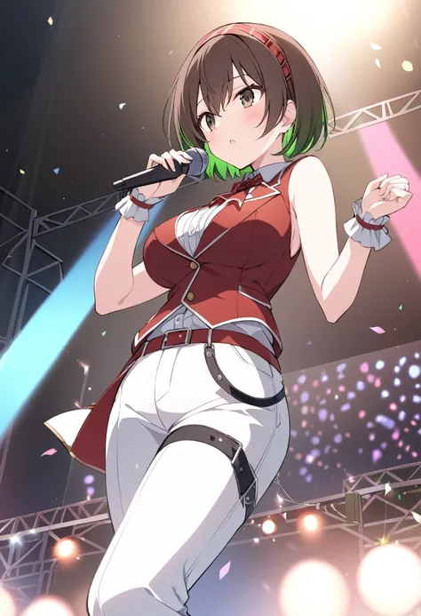 Rui Takasaki, Brown Hair, Red Hairband, PLAID HAIRBAND, short hair, Brown eyes,, Large Breasts, Live Stage, Alone,I can see your pants