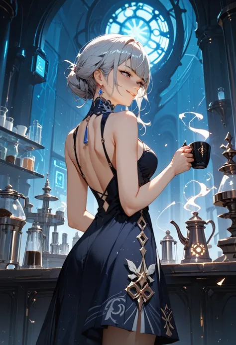 1girl,Alone, looking away, anime, from behind, smug ness, beautiful Hand, nsfw, silver Hair,  (Genshin Impact:0.8), (masterpiece, ultra_detailed), Ultimate_Quality, (Dark Laboratory), night, room, coffee, dress, boots