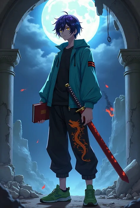 An 1 man, holding a book in his left hand, and the red scabbard of a katana in his right hand, short hair with galaxy coloring (purple, blue, Black and white, all colors together), face hidden in darkness only yellow eyes visible, very pale skin tone, cyan...