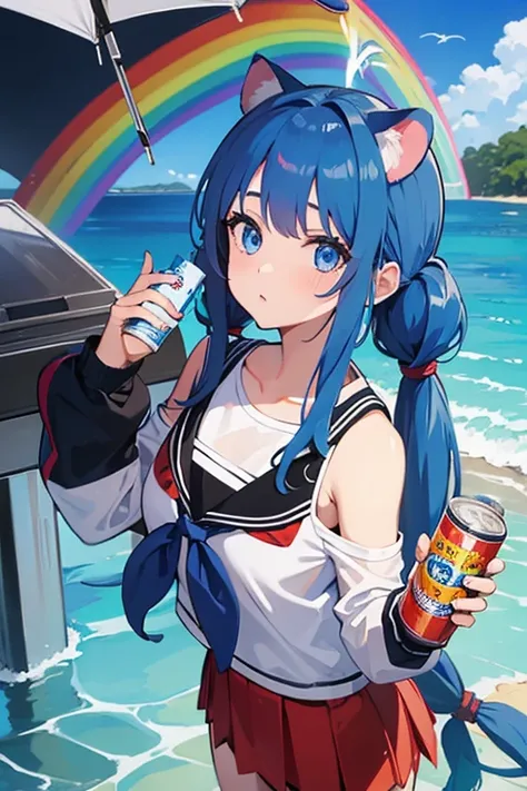 1girl, long hair, looking at viewer, blue eyes, bare shoulders, twintails, school uniform, strong zero, holding can, squeans, drinking,rainbow elephant, spoken character, ripples, colorful animal print, 