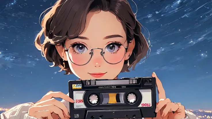 2000s anime style, 2000s style, Of course, 2000s style, (blush:1.7), the highest quality, 8K, 1 woman, Alone, Chica Lofi, Arte Lofi, lo-fi feeling, wearing clothes from the 2000s, superior shot, close up, smiling, glasses, ojos marrones Of courses, snow wh...