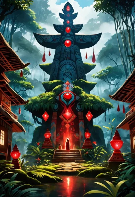 Create a cinematic scene of an indigenous village in a cloud forest with a sacred totem in the center with a rare red glowing gem 