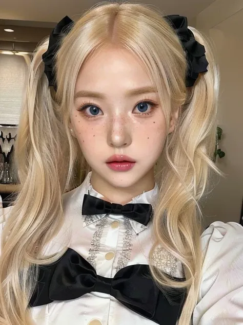 blond haired girl with a bow tie and a white dressa and blue like eyes, blonde hair and large eyes, belle delphine, kawaii reali...