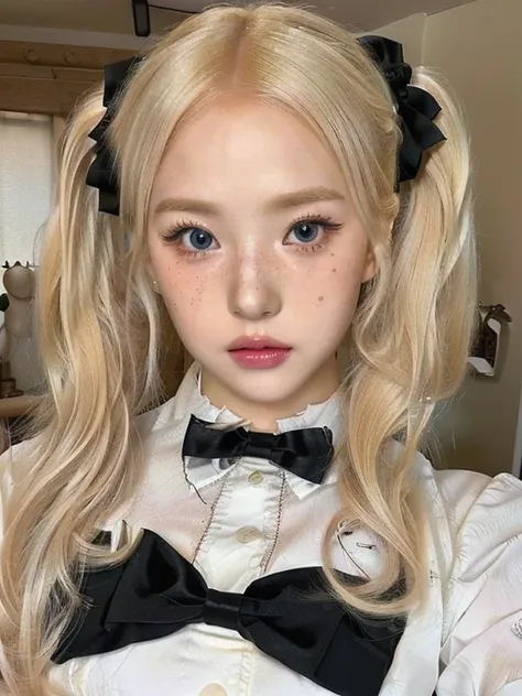 blond haired girl with a bow tie and a white dressa and blue like eyes, blonde hair and large eyes, belle delphine, kawaii reali...