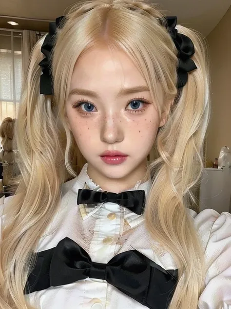 blond haired girl with a bow tie and a white dressa and blue like eyes, blonde hair and large eyes, belle delphine, kawaii reali...