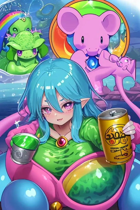 Slime(dragon quest), heart-shaped pupils,, sparkle, english text speech bubble,strong zero, holding can, squeans, drinking,rainbow elephant, spoken character, ripples, colorful animal print, 